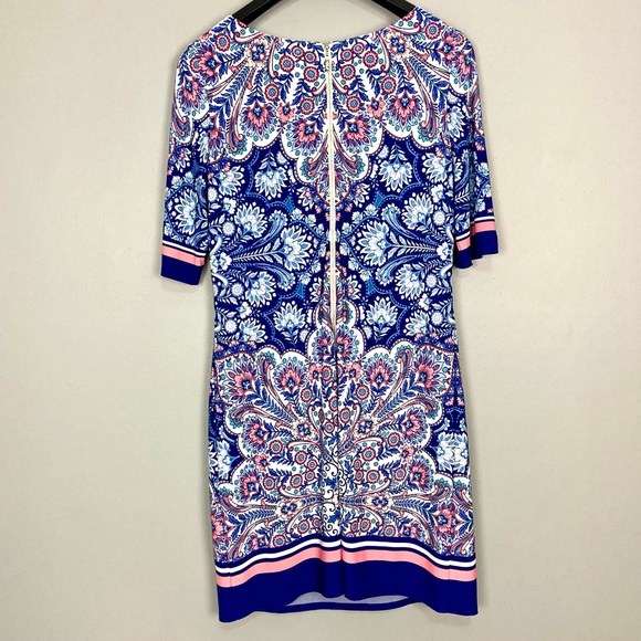 Eliza J Printed Shift Dress Women’s Size 12 Stretch Knit Lined Boat Neck Classic - Picture 5 of 8